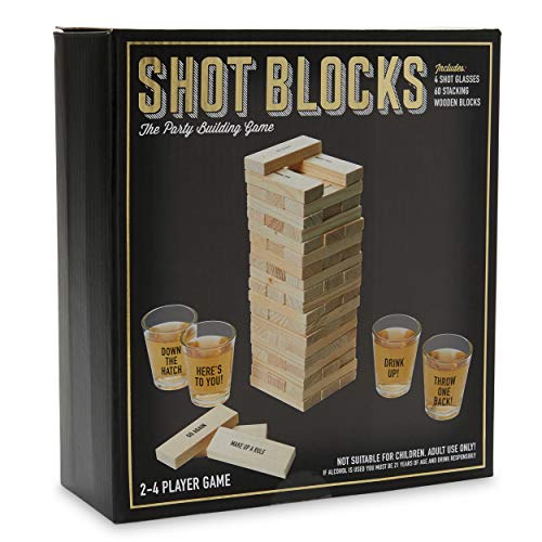 Tri-Coastal Design Shot Blocks Party Building Game with 60 Tower Playing Pieces and 4 Custom Shot Glasses with Funny Sayings for Cocktail Parties and Game Nights