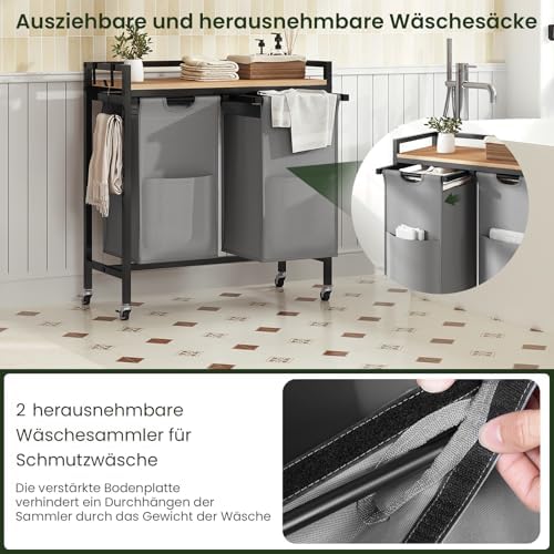 Wäschekorb 2 Fächer, jedes 40 L, Wäschesammler ausziehbar abnehmbar, Oxford-Stoff-Wäschesack, Wäschewagen mit Rollen Ablage, Haken, Metallrahmen, Schlafzimmer Waschküche, 70x71x30 cm