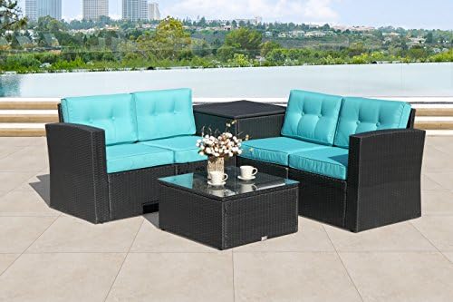 PATIOROMA Outdoor Patio Furniture Set 6-Piece Rattan Sectional Furniture Set with Seat and Back Cushions, Aluminium Frame, Black PE Wicker (Blue)
