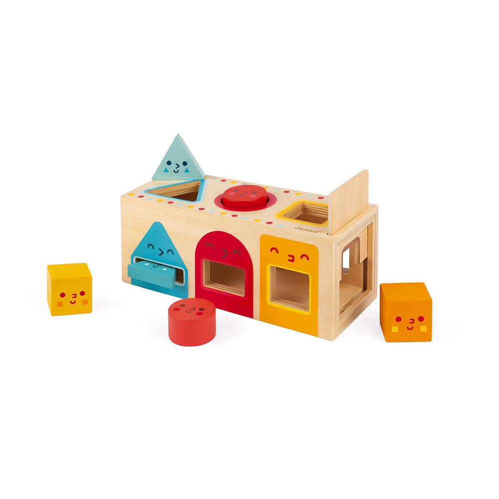 Janod - Wooden Shape Sorter for Babies and Toddlers - 6 Colourful Shapes to Fit - Educational Wooden Toy - Learn Shapes, Colours and Fine Motor Skills - From 12 Months