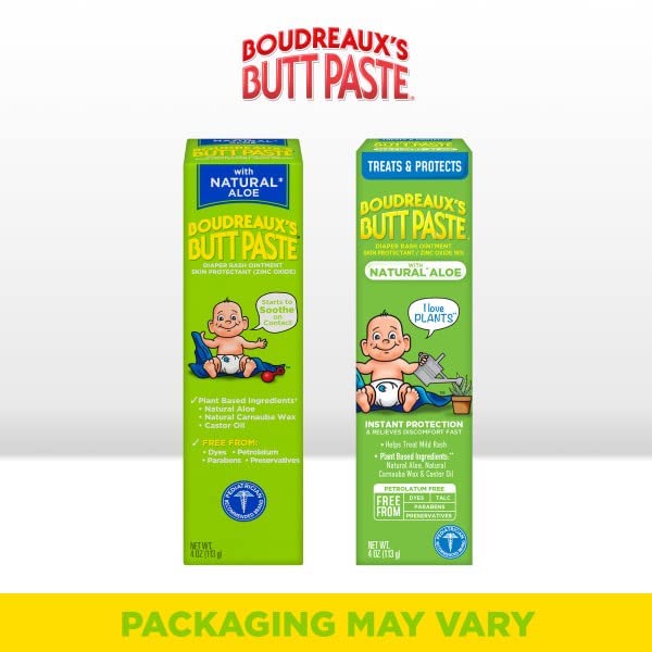 Boudreaux's Butt Paste with Natural* Aloe Diaper Rash Cream, Ointment for Baby, 4 oz Tube, 2 Pack