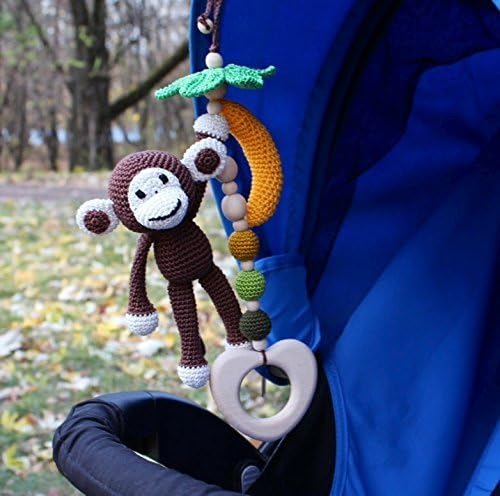 Monkey &amp; banana hanging toy, Car seat toy, Pram toy, Stroller toy, crib toy, Baby Rattle, activity gym toy, safari mobile, wooden, organic