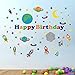 decalmile Outer Space Wall Decals Planets Rocket Spaceship Stars Wall Stickers Space Theme Birthday Party Decoration Baby Nursery Kids Room Wall Decor (Happy Birthday)