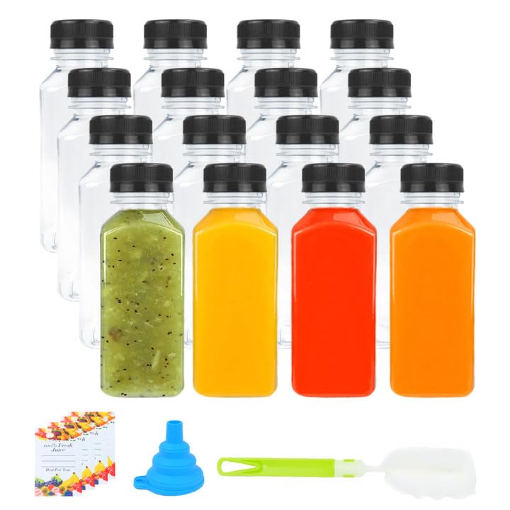FYKERO 16 Pack 8oz/250ml Plastic Juice Bottles- Reusable Mini Shot Bottles With Lids for Storing Smoothie, Juices, Water and Other Beverage