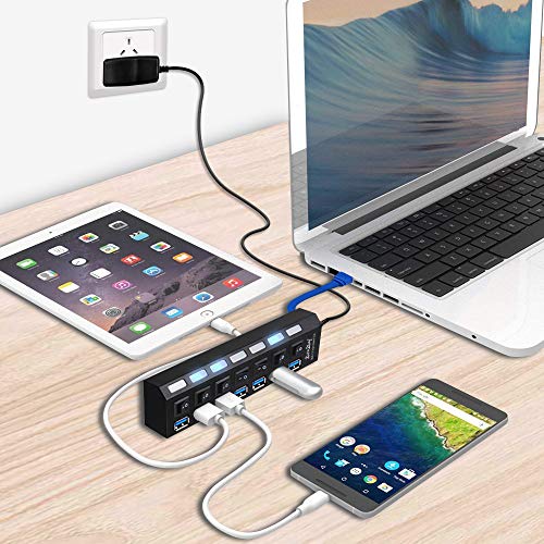 USB HUB 3.0 Splitter for Ps4,2win2buy 7 Port USB Data Hub with Power Adapter and Charging Port,Individual On Off Switches & Lights for Laptop PC Computer Mac Playstation 4 Slim Pro Flash Drive