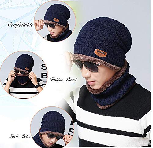 Blevla 2-Pieces Winter Beanie Hat Scarf Set Warm Knit Hat Thick Knit Skull Cap For Men Women Navy