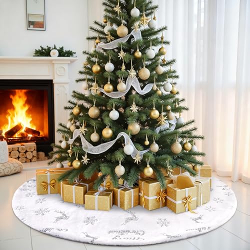 LOMOHOO Round Christmas Tree Blanket 90cm Christmas Tree Skirt with Silver Sequin Snowflake White Plush Blanket for Xmas Tree Decoration
