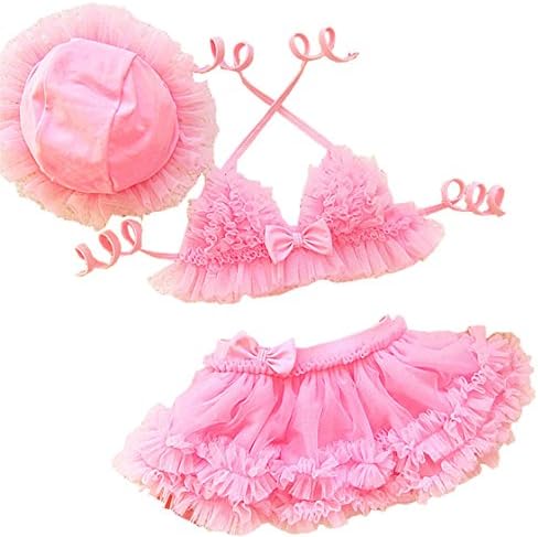 Baby Girls Three Piece Princess Lace Layer Swimsuit Top and Swimskirt With Caps 3-4 Years Pink