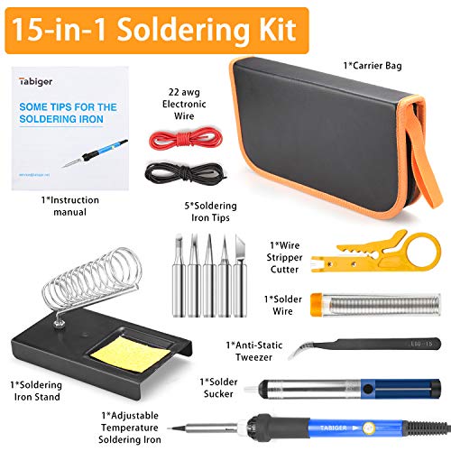 Tabiger Soldering Iron Kit 15-in-1, 60W Soldering Iron with Adjustable Temperature, Soldering Gun, 5pcs Soldering Iron Tips, Solder Wire, Desoldering Pump, Tweezer, Soldering Stand, Tool Case - Thumbnail 5
