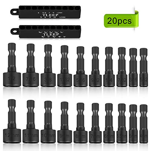 TLEEP 20 x Power Nut Driver Bit Set 1/4 inch Hex Nut Screwdriver Drill Chrome Vanadium Steel Quick Change Chuck Black Metric and Standard Socket Wrench Screw Impact Nutsetter