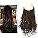 SARLA Invisible Wire Hair Extensions with 3 Clips Synthetic Wavy Curly Hairpiece Adjustable Transparent Headband for Women 16 Inch Dark Brown/Golden Blonde Highlights