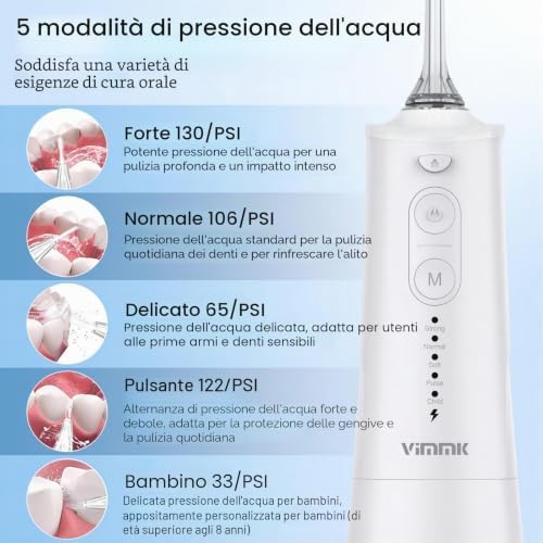 Irrigatore orale senza fili, pulitore elettrico Vimmk, doccia dentale, 5 modalità e 8 ugelli USB-C ricaricabile, IPX7, impermeabile (beige)