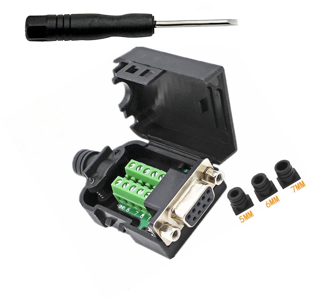SHANFEILU DB9 Breakout Connector to Wiring Solderless Terminal RS232 D-SUB Female Serial Adapter 9pin Port Breakout Board Black Rubber Core with Case,Screwdriver,Nuts