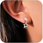 Star Moon Stud Earring for Women, 925 Sterling Silver Dainty Cubic Zirconia Heart Crescent Earrings to Daughter Mother 14K Gold Plated Teacher Hypoallergenic Drop Earring Birthday Wedding Jewelry Gift