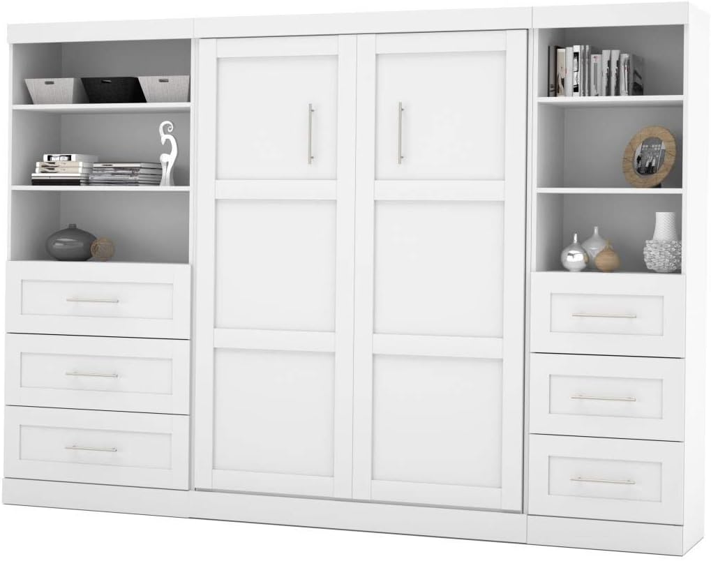 Bestar Pur Full Murphy Bed and 2 Shelving Units with Drawers, 120-inch Space-Saving Wall Bed