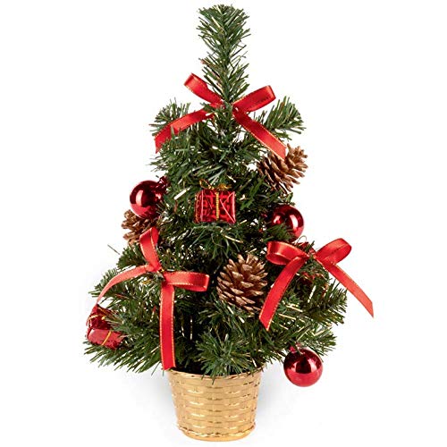 30cm Artificial Christmas Tree with Silver Tinsel Flecks, Red Decorations and Pine Cones 8605