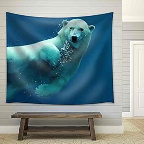 Close-Up of a Swimming Polar Bear Underwater Looking at The Camera. - Fabric Wall Tapestry Home Decor - 51x60 inches