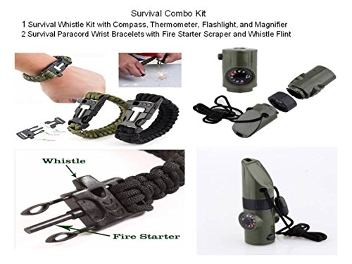 HappClam Camping Survival Combo Kit 2-Paracord Wristbands Plus Whistle Kit w Compass Flashlight