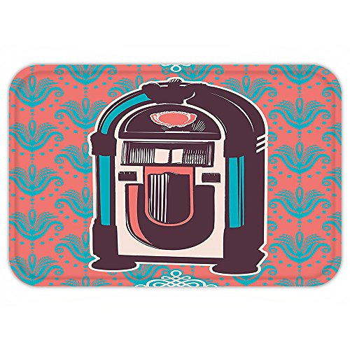 VROSELV Custom Door MatJukebox Floral Paisley Inspired Backdrop with Music Box Retro Party Print Blue Light Pink and Purple