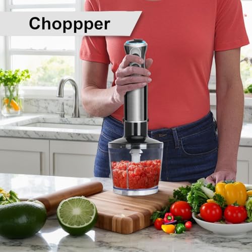 Roiffcly 1500W Hand Blender, 4 in 1 Stick Blender Set with 4 Stainless Steel Blades, Immersion Blender with 20 Speeds and Turbo Buton, Handheld Blender with Whisk, Measuring Mug, Chopper, BPA-Free