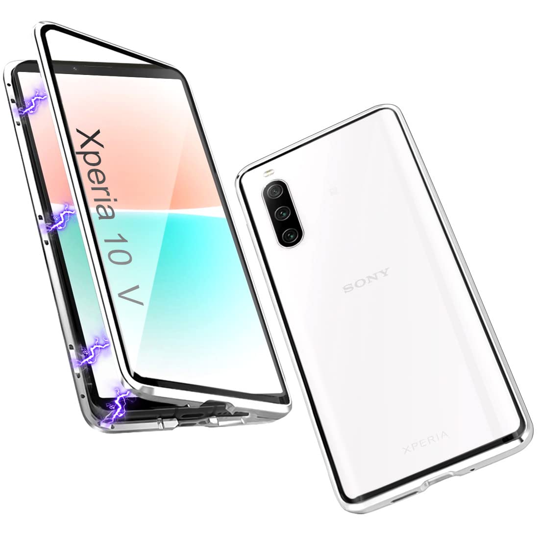 ANFAIRLACE Case Compatible with Sony Xperia 10 V, Magnetic Adsorption 360 Protection Front Back Tempered Glass Aluminum Frame Cover Shockproof Transparent Case, Silver