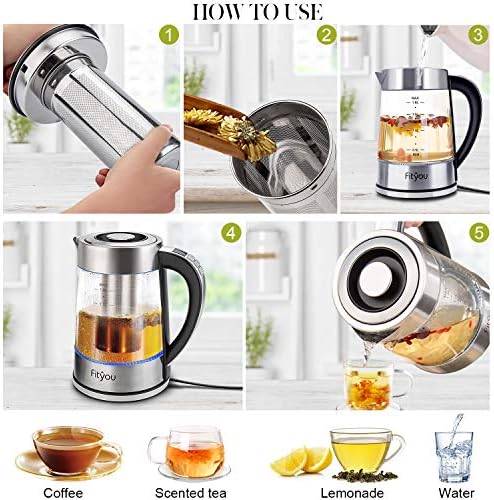 Fityou Bouilloire Électrique en Verre Thermostat Réglable(40-100℃) 1.8L, Bleue de Dispaly LED, Maintien au Chaud 24 H, Filtre Inox Amovible Inclus, Système de Protection Contre l'Ebullition à Sec - Cuisine A Vivre Fityou Bouilloire Électrique en Verre Thermostat Réglable(40-100℃) 1.8L, Bleue de Dispaly LED, Maintien au Chaud 24 H, Filtre Inox Amovible Inclus, Système de Protection Contre l'Ebullition à Sec