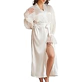 WADAYUYU Women Long Sleeve Bridal Robes White Satin Bride Robe Nightwear Floor Length Dressing Gown