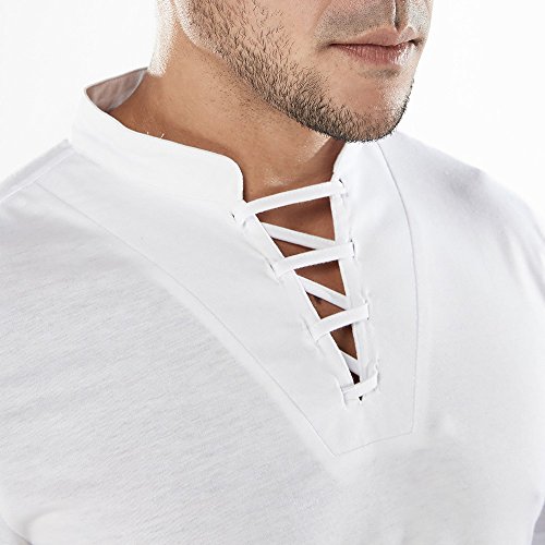Respctful ♫♫ Men's White Shirt 100% Cotton Casual Hippie Shirt V-Neck Drawstring Short Sleeve Beach Yoga Top - Thumbnail 4