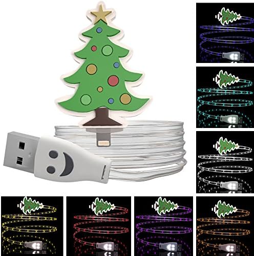 Christmas Tree Lightning to USB Charging Cable 3 Feet Apple Compatible Charge Cord | High-Speed Syncing &amp; Data Transfers Light Up Emoji Face | iPod, iPhone, iOS