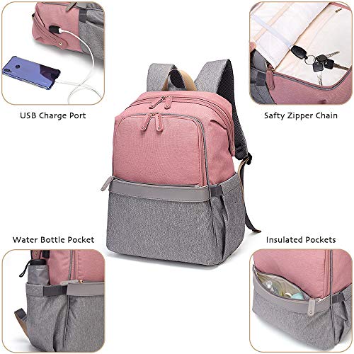 Large Diaper Bag, Dikaslon Stylish Travel Backpack Nappy Bags with Changing Pad and Stroller Straps for Baby Care, Pink and Gray