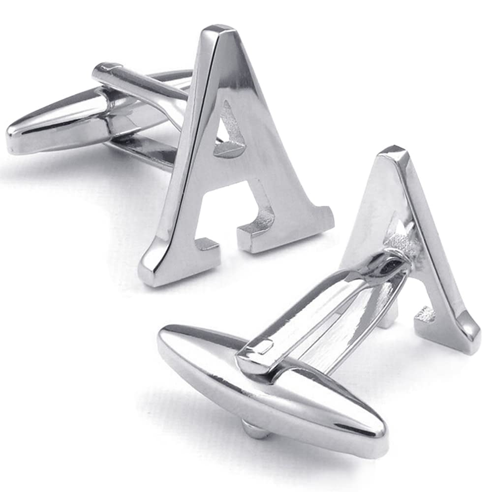 Mens Initial Alphabet Letter Silver White Steel Wedding Formal Business Cufflinks (A)