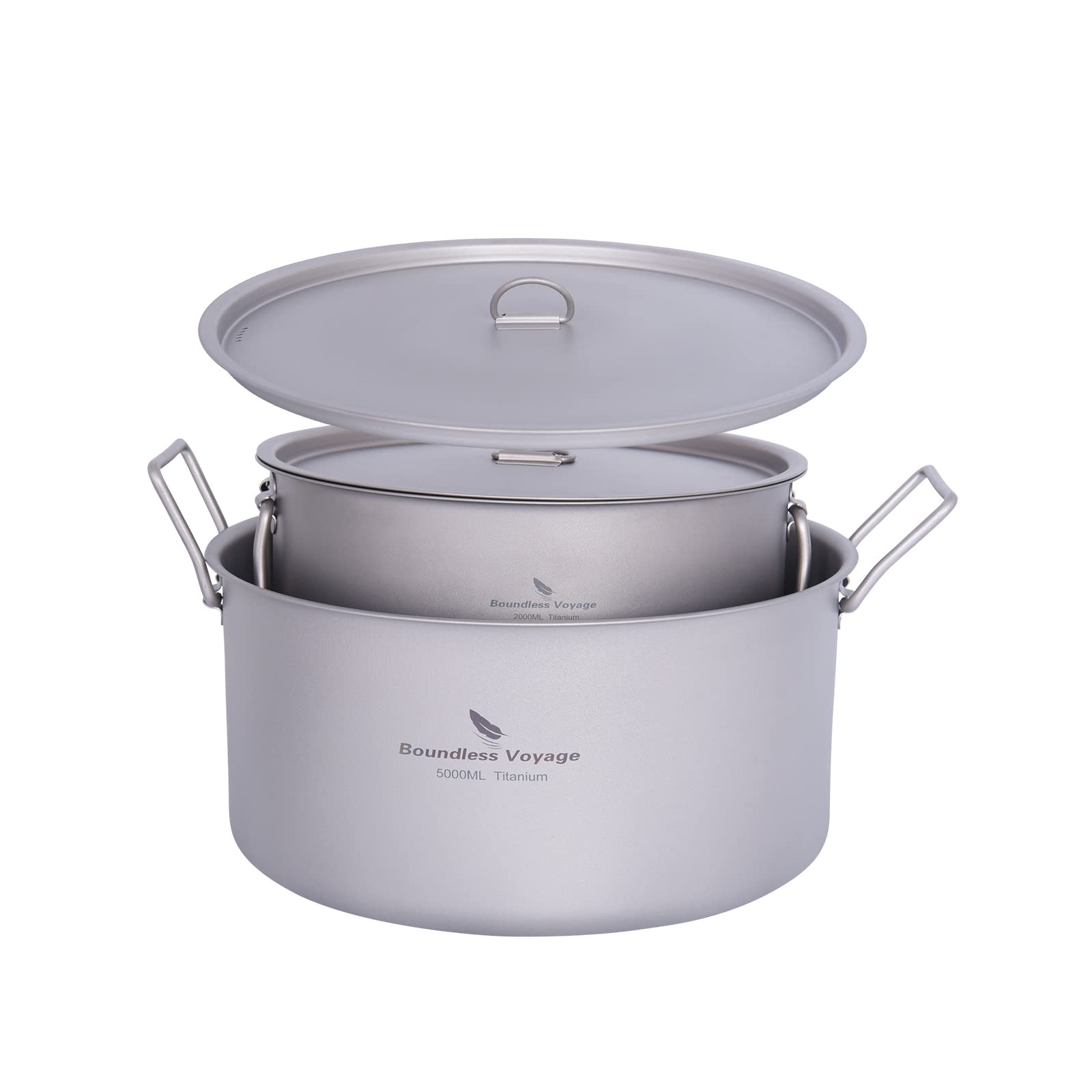 iBasingo Camping Titanium Stockpot Outdoor Big Capacity Pot Lightweight Portable Cookware with Lid Family Hiking Picnic Travel Kitchen Cooking Kit Indoor Soup Pot (2000ml + 5000ml Pot Set)