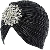 EORUBE Vintage Turban Hat with Crystal Brooch Feather Turban Headwraps for 1920s Gatsby Costume Cocktail Party