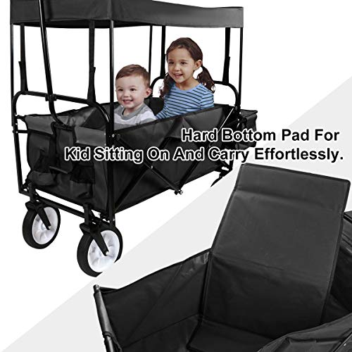 Flex HQ Collapsible Outdoor Utility Wagon Cart with Top Canopy Black with New and Improved Extra Padding