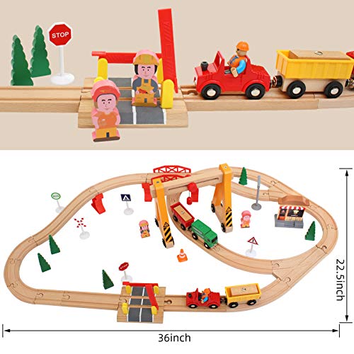 Lebze Toy Train Set for Toddlers 55 Pieces Wooden Train Set Track