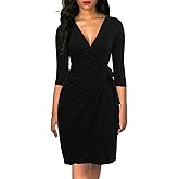 Berydress Women's Classic 3/4 Sleeve V Neck Sheath Casual Party Work Faux Black Wrap Dress