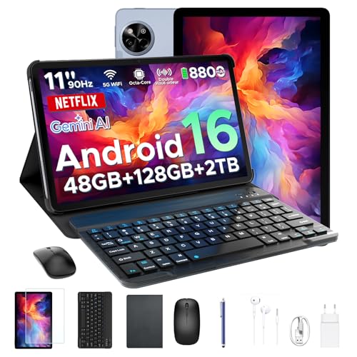 P11 Android 16 Tablet 11 Inches, 48GB RAM + 128GB ROM/2TB TF, 90Hz, T7250 Octa-Core, 8800mAh, 13MP+5MP, Gemini AI, Widevine L1, Face ID, GPS, OTG, Dual Speaker, Tablet with Keyboard and Pencil, Grey