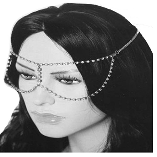 Head Jewelry ~ Silvertone Clear Rhinestone Mask Head Chain Headband (FH1086-SIL)
