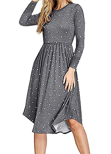 AMCLOS Women Pleated Polka Dot Pocket Swing Casual Midi T Shirt Dress Long Sleeve (Grey, 2XL)