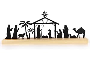 Abilat Christmas Nativity Scene Table Decoation Black Metal Set with Wood Base of Indoor Decor Nativity Scene Shelf Christmas Decorations for Home