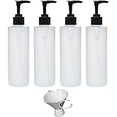Earth's Essentials Four Pack of Refillable 8 Oz. HDPE Plastic Pump Bottles with Patented Screw On Funnel-Great for Dispensing Lotions, Shampoos and Massage Oils.