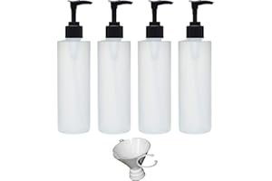 Earth's Essentials Four Pack Of Refillable 8 Oz. HDPE Plastic Pump Bottles With Patented Screw On Funnel-Great For Dispensing Lotions, Shampoos and Massage Oils.
