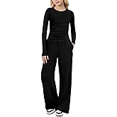 Arshiner Girls 2 Piece Set Fall Outfits Lounge Sets Ruched Long Sleeve Top Wide Leg Pants Sweatsuit Clothing Set