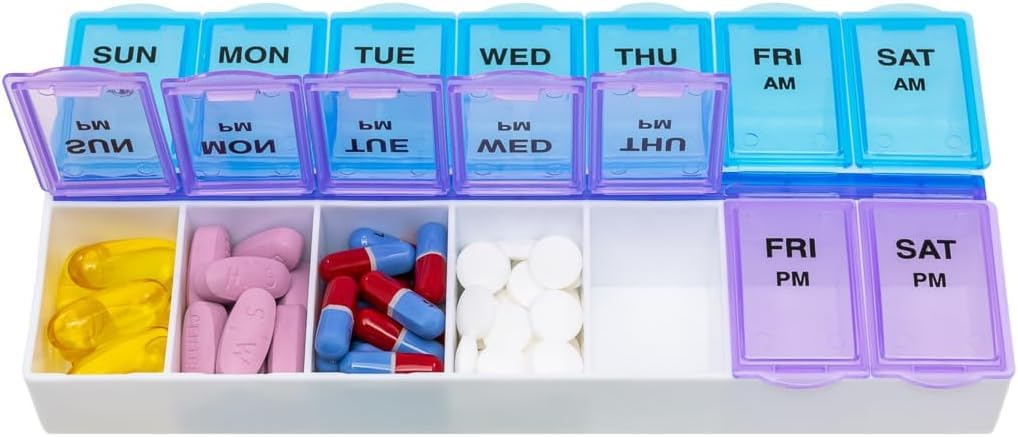 EZY DOSE Weekly (7-Day) AM/PMPill Case, Medicine Planner, Vitamin Organizer Box, Large Compartments, 2 Times a Day, Blue and Purple Lids, BPA Free EZY DOSE Weekly (7-Day) AM/PMPill Case, Medicine Planner, Vitamin Organizer Box, Large Compartments, 2 Times a Day, Blue and Purple Lids, BPA Free