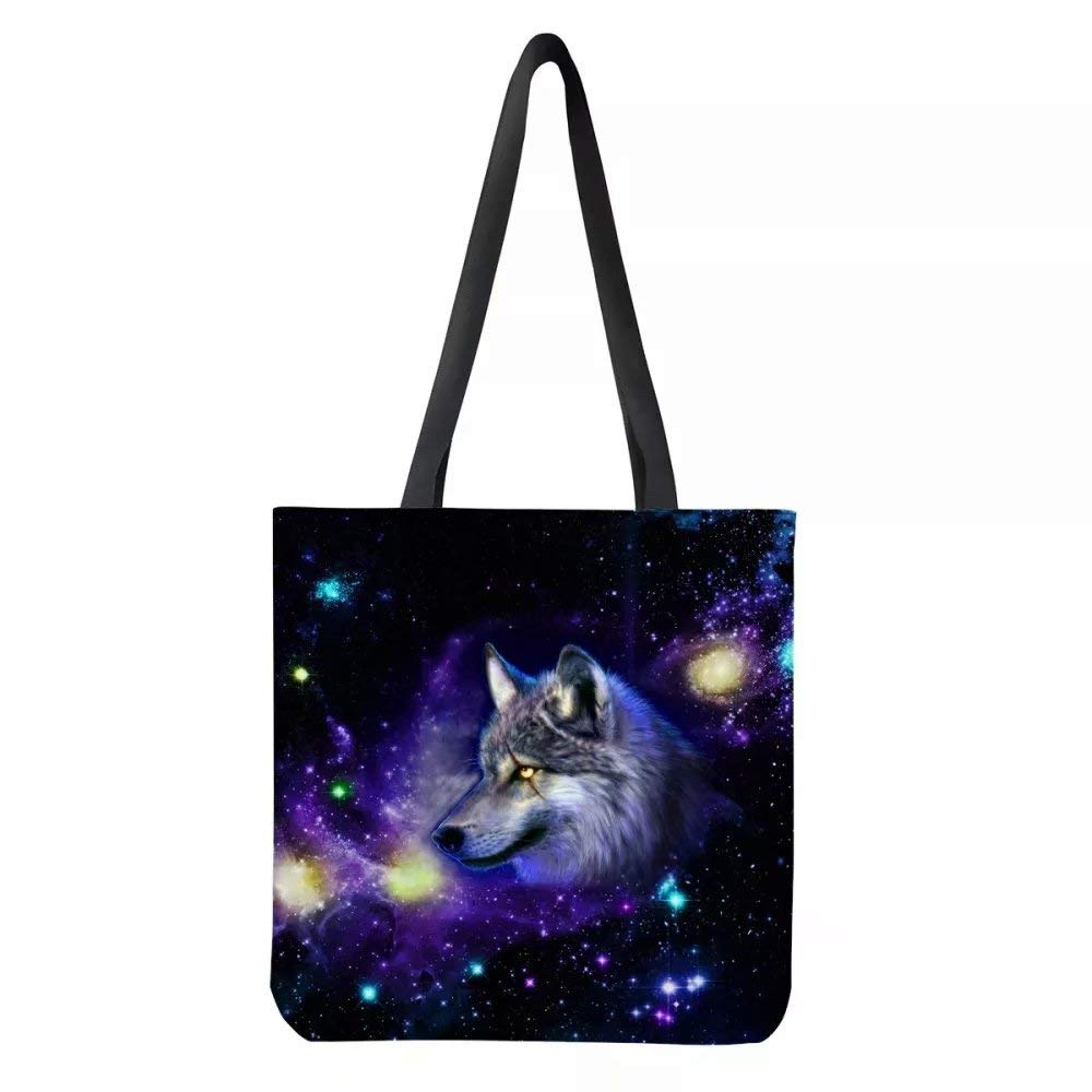 chaqlin Animal Galaxy Wolf Print Canvas Tote Bag Cotton Shopping Shoulder Bag for Women Lady Large Capacity Reusable Grocery Bags