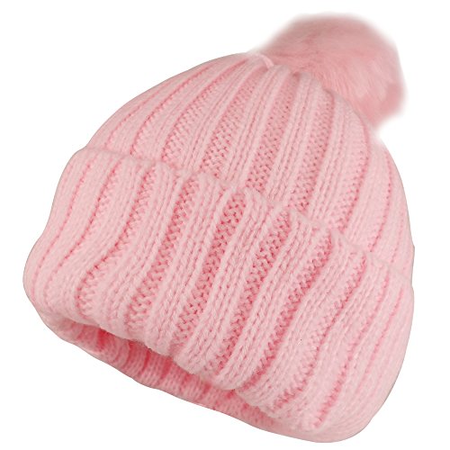 Kid's Ribbed Knit Cuff Beanie with Fur Pom Pom - PINK