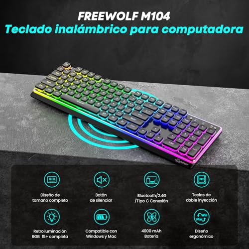 Free wolf M104 Teclado Inalámbrico RGB, Teclas Silenciosas para Conectividad 2.4G/Bluetooth/USB con Cable, Resistente Derrames, Teclado Recargable de Tamaño Completo 104 Teclas para PC y Mac (Negro)