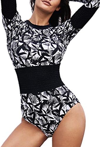 Eytino Women Long Sleeve Rash Guard UV Protection Printed Zipper Surfing One Piece Swimsuit Bathing Suit(S-3XL)