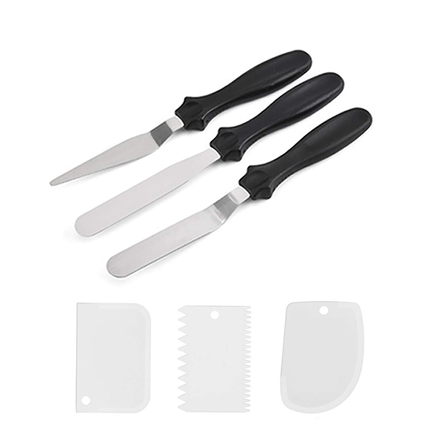 TSHAOUN Icing Spatulas Set 3 Pcs Stainless Steel Spatulas with 3 Pcs Plastic Cake Scrapers for Cream Spreading, Cake Decorating, Frosting Pastries, Cupcake (Black)