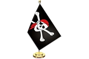 Pirate Desk Small Flag Set,5×8 Inch Jolly Roger Mini Desktop table Banner,12 inch Metal Solid Pole Decor,Tiny Digital Printed